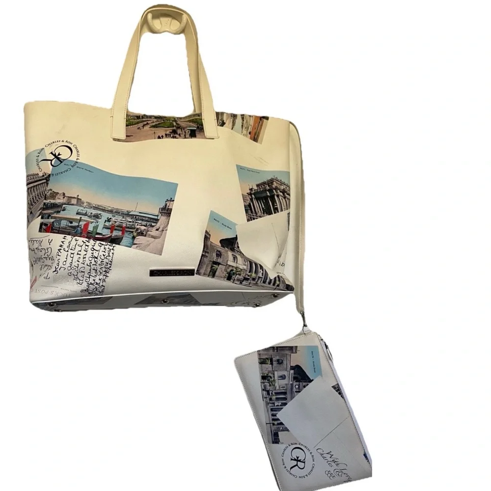 CHARLES & RON European POSTCARDS Print SHOULDER BAG Purse SET - Picture 1 of 16